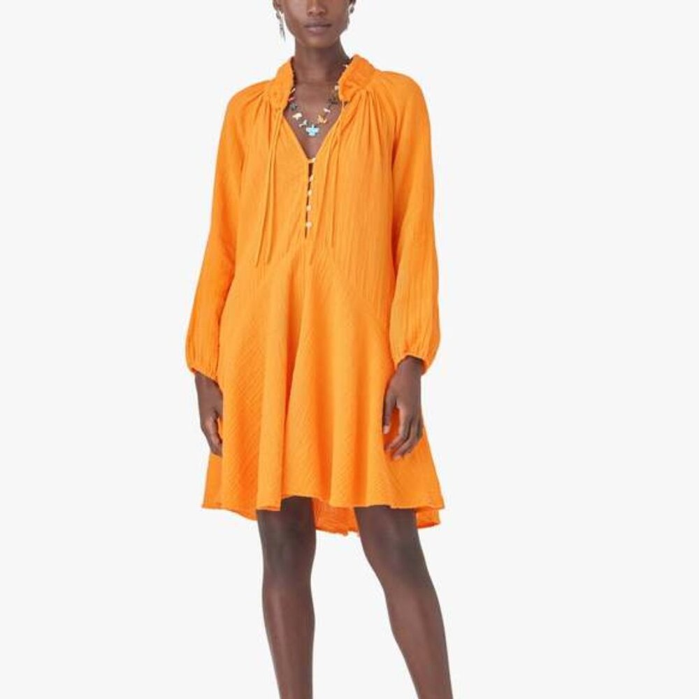 Xirena Lola Dress Orange Gauze Long Sleeve Split V Neck Pockets Mini Swing Large